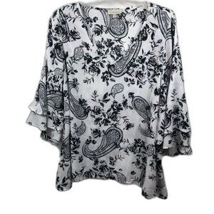 Chenault Black White Paisley Floral‎ Print V Neck Ruffle Sleeve Blouse Top